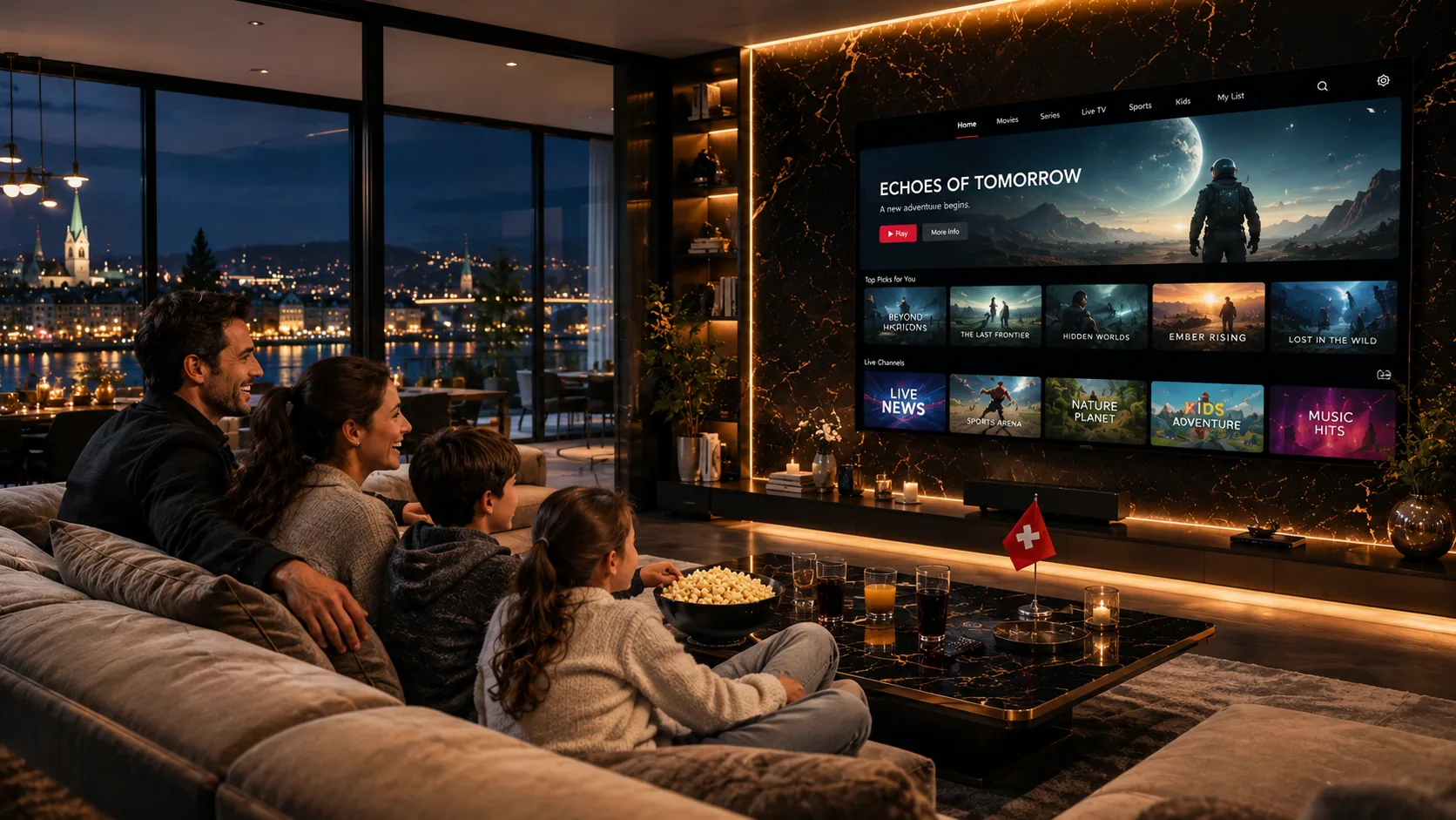 IPTV Abo Paketvergleich Schweiz — Familie streamt Premium-Inhalt auf Smart TV, Zürich Nacht