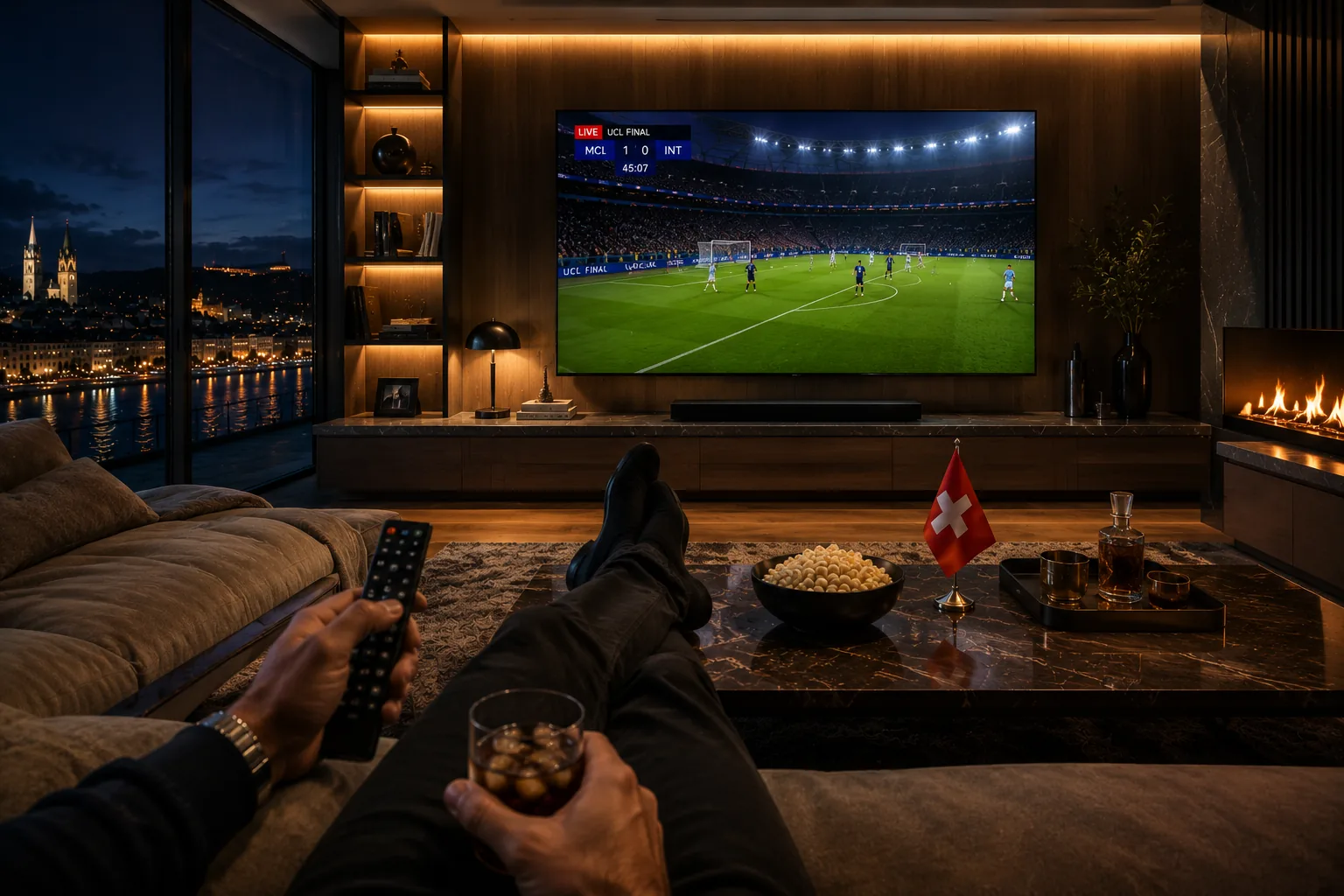 IPTV App-Vergleich Schweiz — UCL Final MCL vs INT Live, TV Schweiz, warme Atmosphäre, Fernbedienung